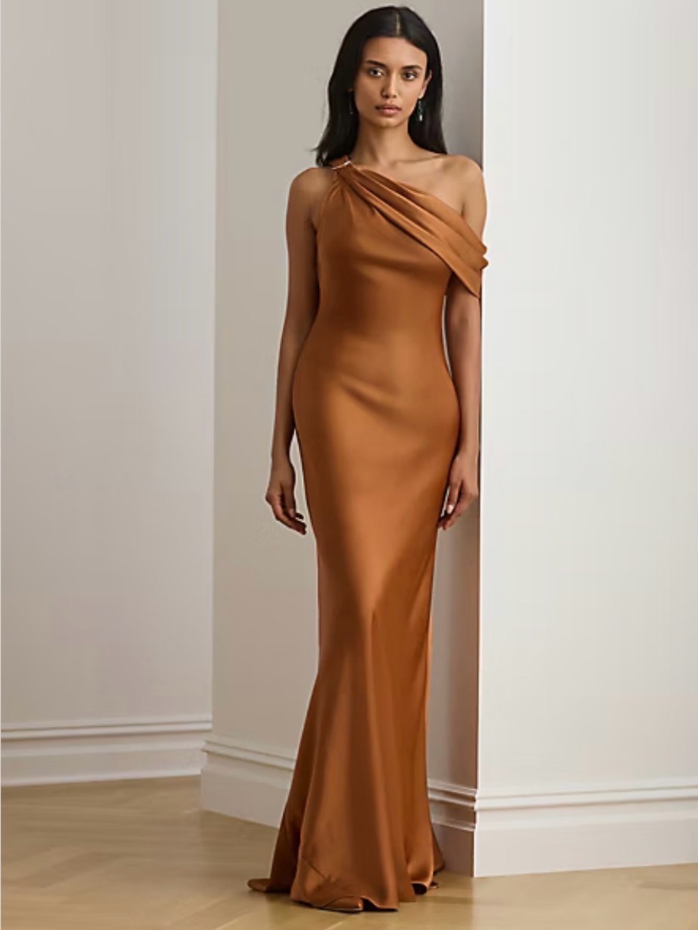 Lauren Ralph Lauren One-Shoulder Satin Maxi Dress in Copper